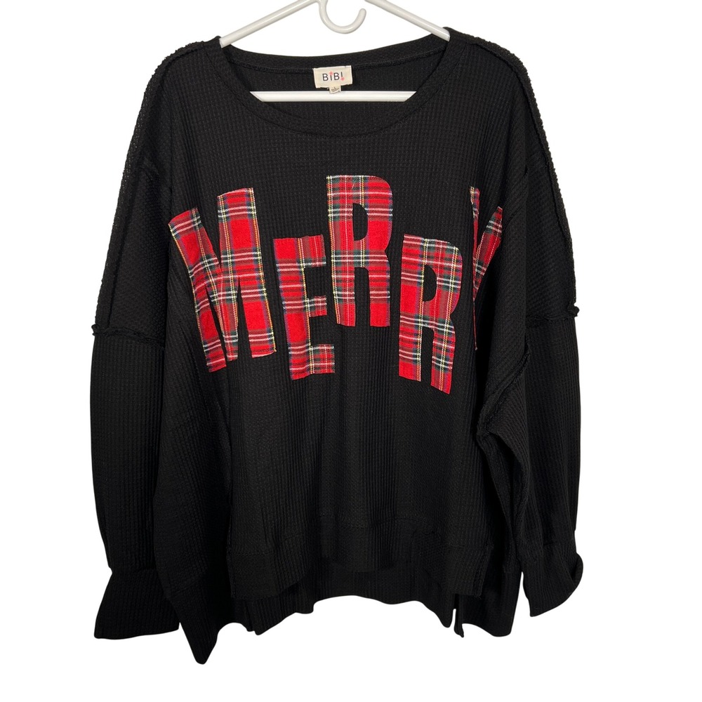MERRY Christmas Plaid Black Waffle Knit Holiday Top‎ Large Like New